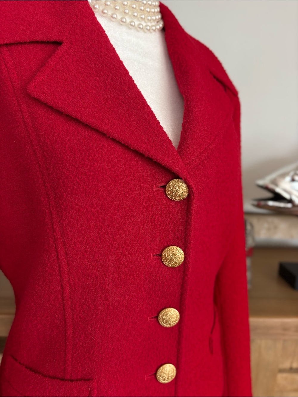 Virgin Wool Red Gold Button Blazer XS Military Luxe Holiday Y2K The Limited Fall - Picture 7 of 13